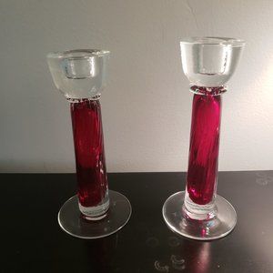 Set of 2 Red Glass Taper Candlesticks